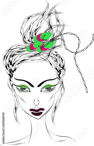 Girl with trendy light green eye arrows, bold makeup, extravagant fancy hat