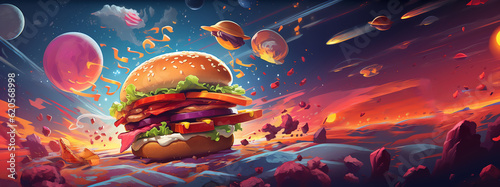 Fantasy burger in space, style of fantasy. Copy space. Generative AI