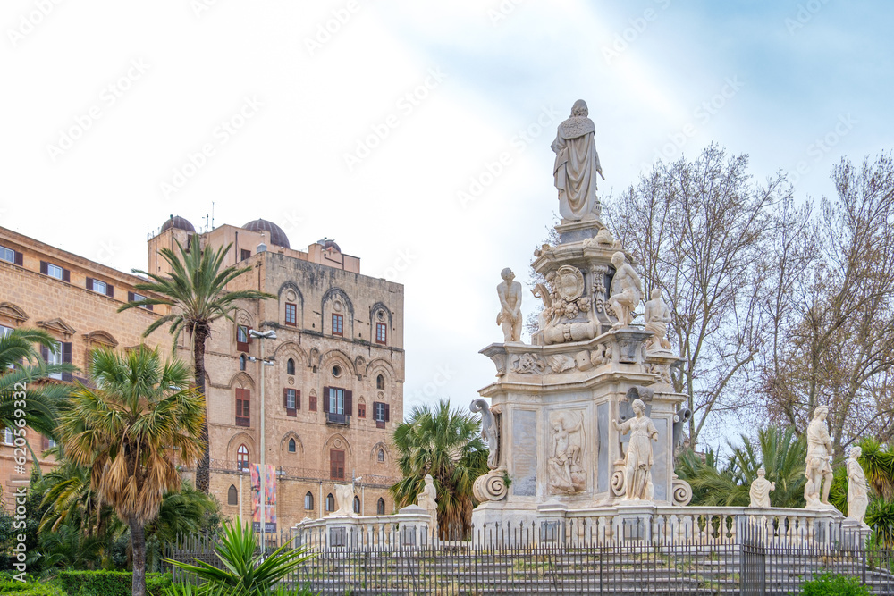 Palermo, Italy - April 4, 2023: Monument to King Philip V of Spain in font of the Norman Palace (Palazzo dei Normanni)