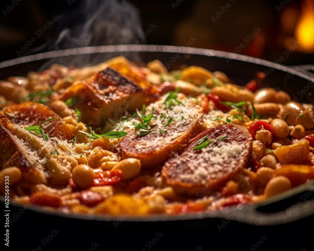 Cassoulet with a focus on the golden crispy crust and the colorful ingredients emerging from beneath Cassoulet with a focus on the golden crispy crust and the colorful ingredients emerging from beneath