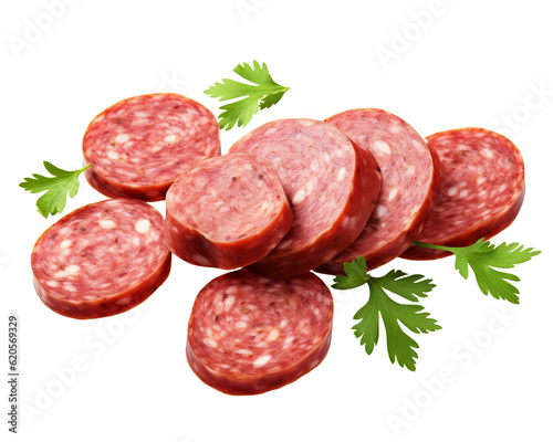 Sliced sausage with parsley leaves and peppercorn isolated on transparent or white background, png