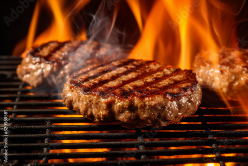 Beef steak on the grill with flames, summer BBQ concept