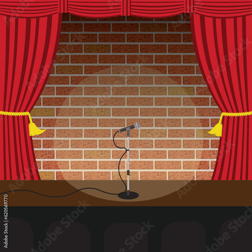 open mic night, microphone, curtains, vector illustration