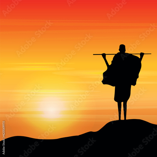 Maasai Warrior silhouetted at sunrise. Africa Landscape Background.
