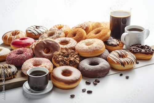 Coffee & assorted donuts arranged flatly on white background. Generative AI
