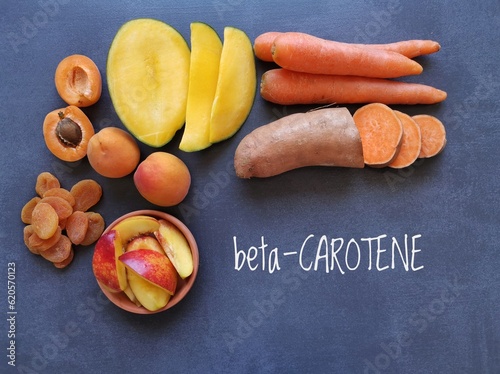 Food rich in beta carotene with text Beta Carotene. Various fruits and vegetables as natural sources of beta carotene. It is an organic red-orange pigment abundant in plants. photo