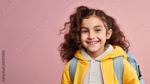 Portrait of smiling schoolgirl with school bag isolated on pink background. Back to school concept. AI Generated.