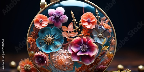 epoxy resin product with colored flowers on a black background with studio light
