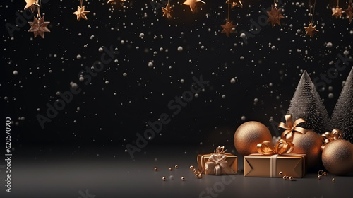 Minimalistic design Merry Christmas and Happy new year. Festive design with decorative elements. Holiday season. Horizontal banner and poster, header for website. photo