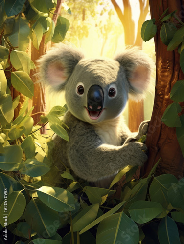 Cartoon koala in the summer eucalyptus forest on a sunny day