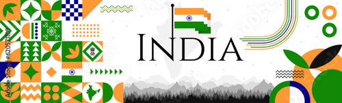 India Independence Day abstract banner design with flag and map. Flag color theme geometric pattern retro modern Illustration design. Orange, Blue and Green flag color template.