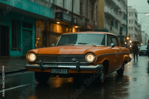70s style Havana street w/ vehicle in orange & green. Generative AI © Evelina
