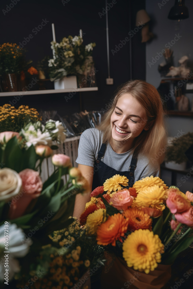 Florist smiling in her shop full of flowers. Florist, neighborhood business. ia generate