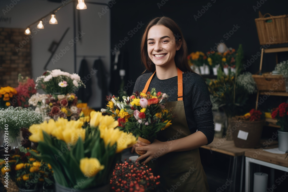 Florist smiling in her shop full of flowers. Florist, neighborhood business. ia generate