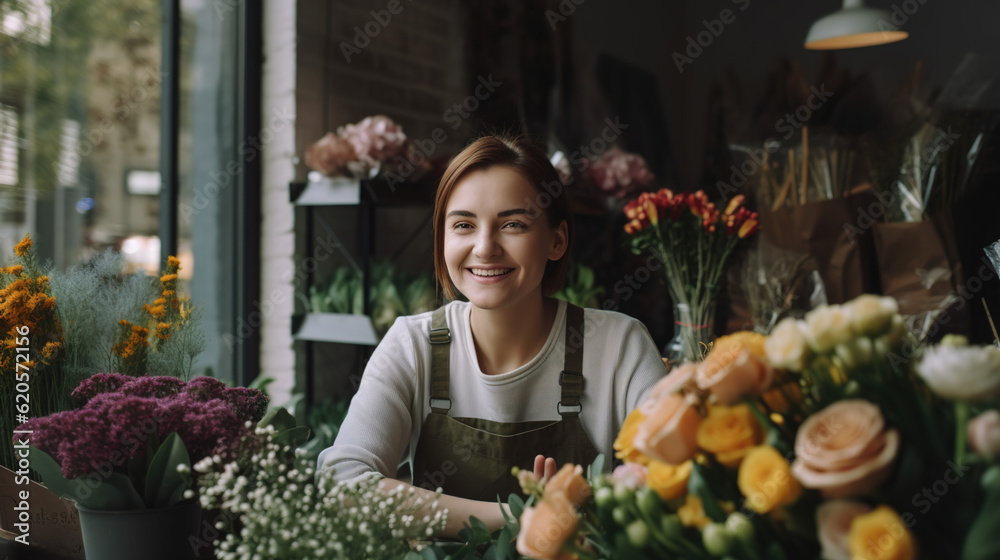 Florist in her shop full of flowers. Cheerful woman in her flower shop. ia generate
