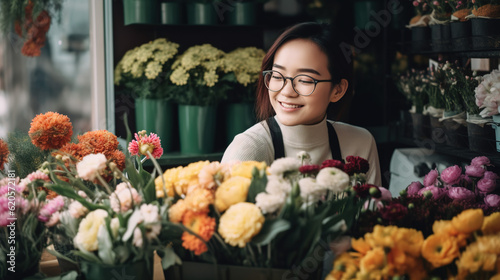 Florist in her shop full of flowers. Cheerful woman in her flower shop. ia generate