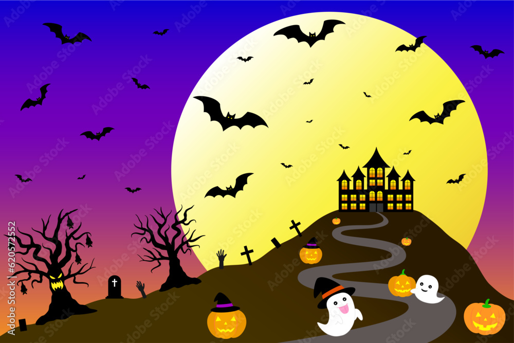 An illustration of a bat flying in the twilight sky with a full moon and a ghost flying from the cemetery to the mansion. Happy Halloween concept.