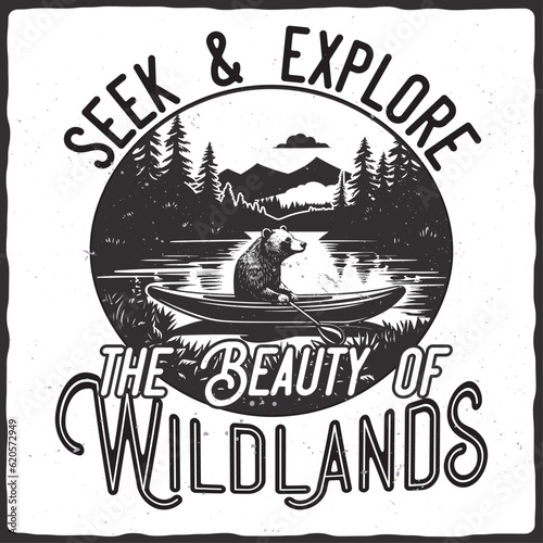 T-shirt or poster design with illustration of a bear on a canoe