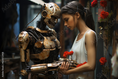 Cyborg robot and woman in love. Generated with AI