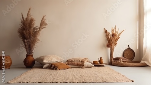 Stylish and modern boho interior of living room with blank wall. copy space.  generative AI