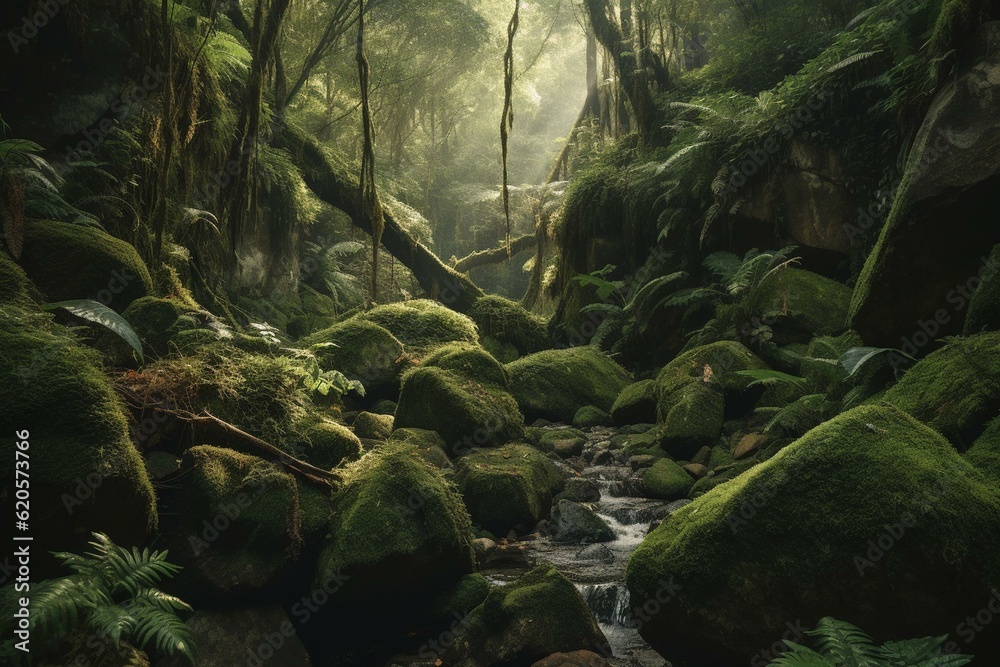 A lush green forest with a cascading waterfall and mossy rocks. An artfully illustrated scene. Generative AI