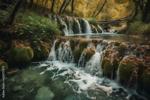 A cascading water feature at Plitvice Natural Park. Generative AI
