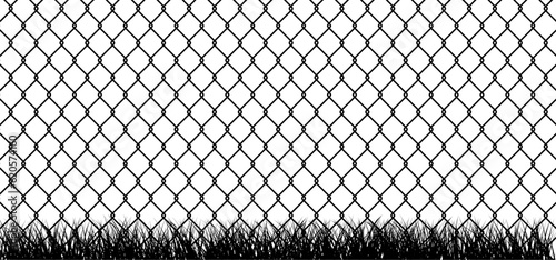 Steel wire chain, line fence and grass border. Chainlink fence. Safety fence pattern. Seamless chain link fence. Wire mesh steel icon. Grid metal chain-link. Metallic wired fence