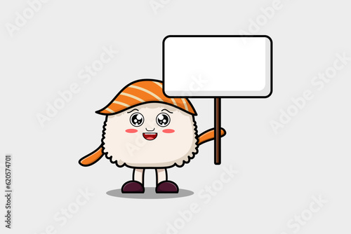 Cute cartoon Sushi character holding blank board in vector flat cartoon style illustration