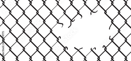 Ripped steel wire chain. Chainlink fence. Safety fence pattern. Seamless chain link fence netting torn. Wire mesh steel icon. Grid metal chain-link. Metallic wired fence pattern. Rabitz with hole.