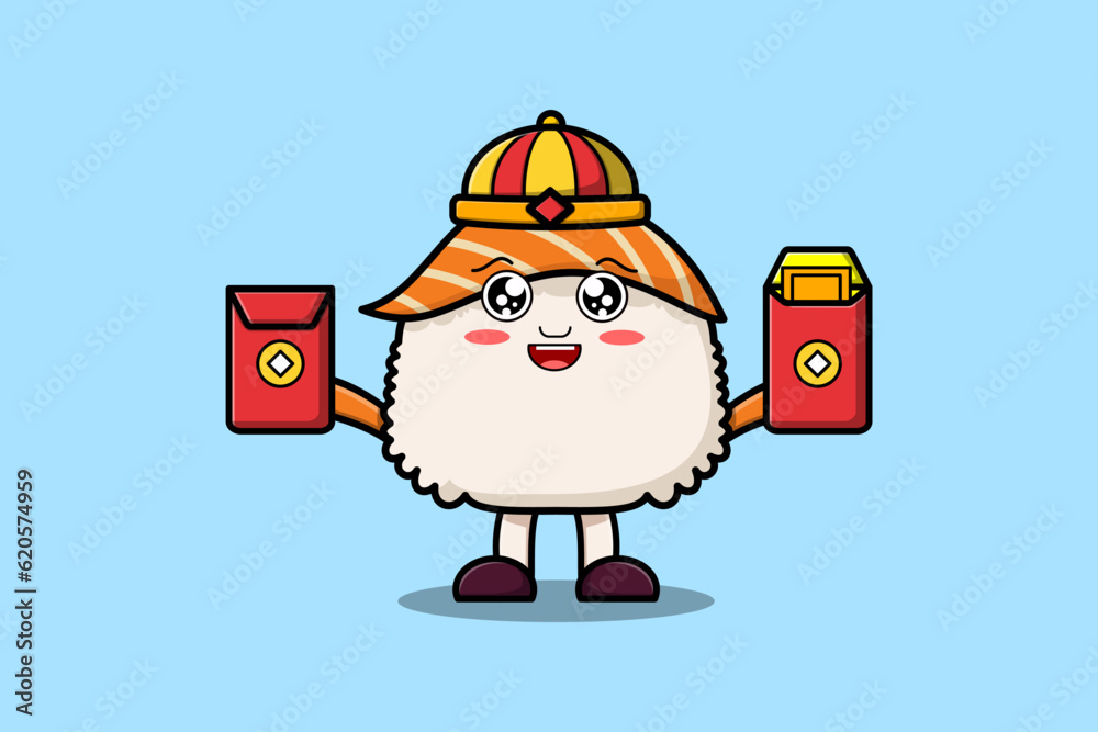 Fototapeta premium Cute cartoon Sushi chinese character in vector icon illustration