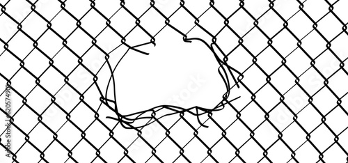 Ripped steel wire chain. Chainlink fence. Safety fence pattern. Seamless chain link fence netting torn. Wire mesh steel icon. Grid metal chain-link. Metallic wired fence pattern. Rabitz with hole.
