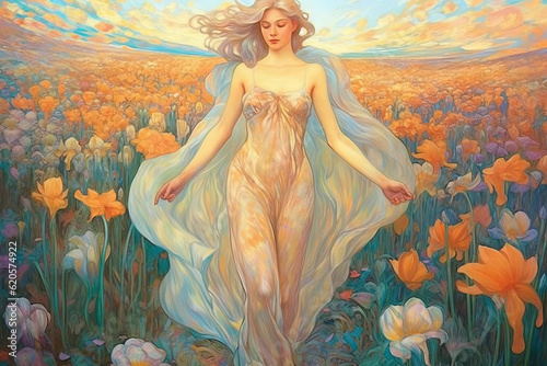 Oil painting of a sexy young Woman walking through a field of flowers art-nouveau style. generative AI
