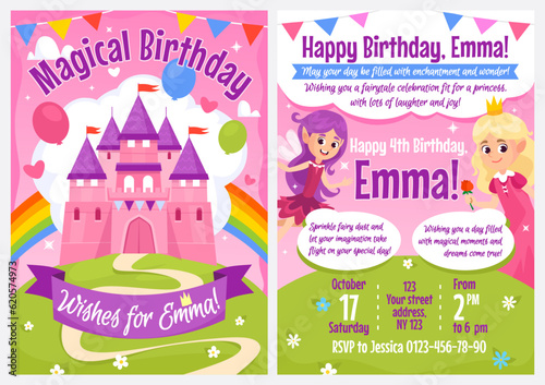 Birthday invitation template for a princess and fairy themed party. Cute birthday card for a little girl with a castle and rainbow on pink background, invitations and wishes. Printable vector mockup.