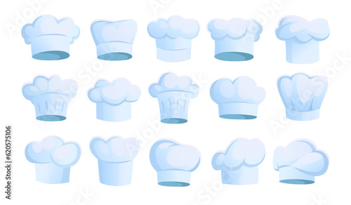 Set of chef hat icons in different shapes isolated on white background. Professional kitchen headwear vector collection. Restaurant or bakery uniform parts. Fine cuisine chef hats in cartoon style.