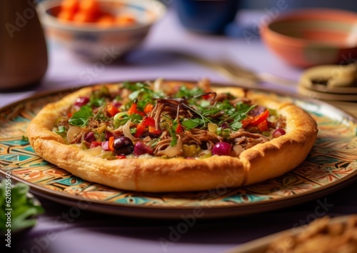 Pissaladière garnished with fresh herbs on a colorful plate