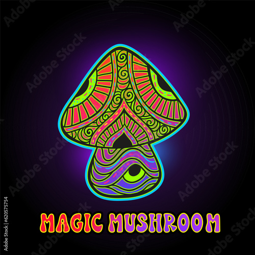 Magic Mushrooms. Psychedelic poster.Vector illustration. Zen art. Decorative mushrooms, hippie, hallucination psilocybin 60s 70s