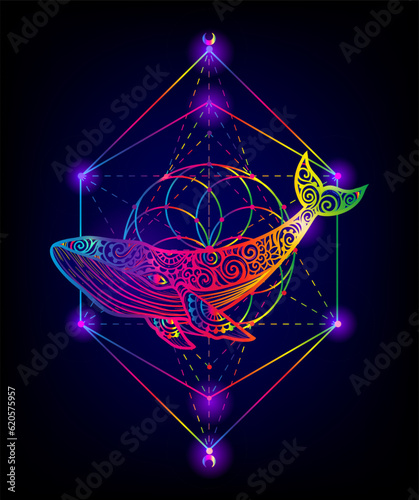 Whale mandala. Vector illustration. Whale sea animal in Zen boho style. Sacred geometry, Peaceful. Tattoo print. Hippie, hallucination. Psychedelic mystical print