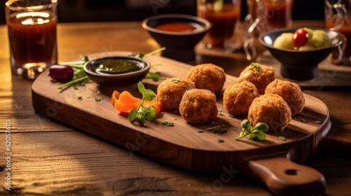 Boulettes de Poisson served with a side of vegetables and dipping sauce on a wooden tabletop