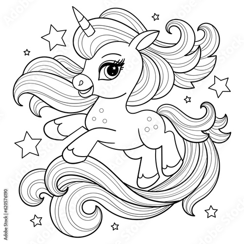 A beautiful unicorn with a long mane and tail. Black and white contour line drawing. For children's design of coloring books, prints, posters, cards, stickers, puzzles and so on. Vector
