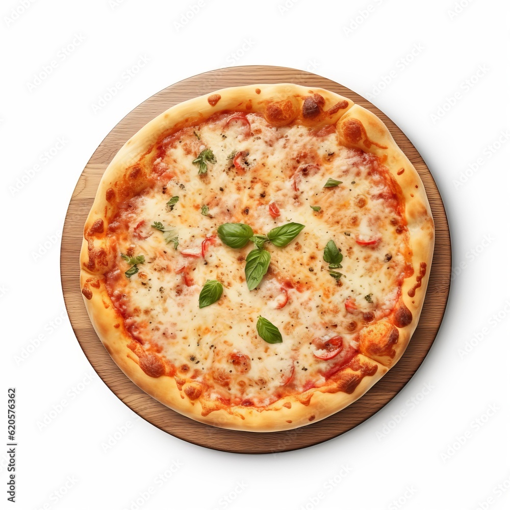 Traditional food photography, square - Italian pizza margherita, isolated on white background, top view (Generative Ai)