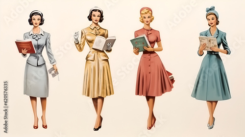 Illustration of Vintage Paper Dolls holding books; Book Club theme