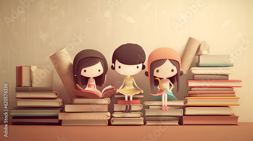 Illustration of Paper Dolls sitting on a stack of books; Back to School Reading photo