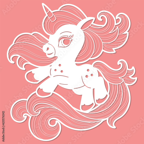 A beautiful Unicorn with a long mane and tail. Template for laser cutting from paper, cardboard, wood, metal. For the design of cards, decorations, stencils, stickers, silkscreen, and so on. Vector