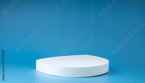 white cosmetic container, Wellpaper podium platform theme. Exhibition and business marketing presentation white product stand on blue background. Abstract minimal geometry