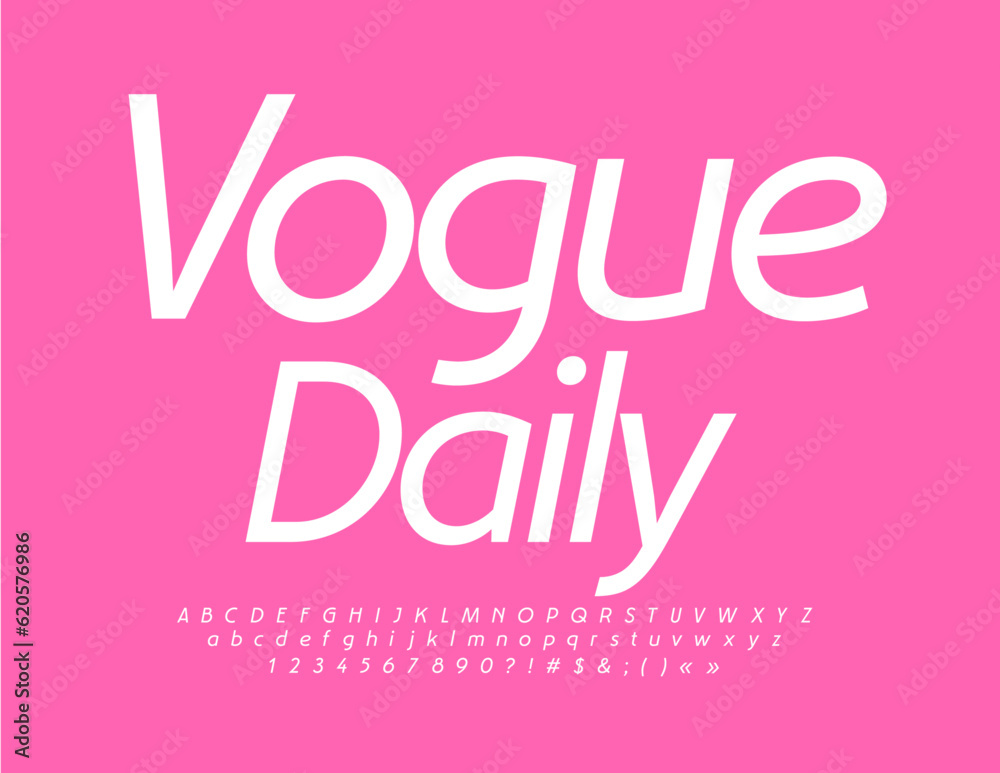 Vector chic template Vogue Daily. Minimal style Font. White Alphabet Letters, Numbers and Symbols set Vector chic template Vogue Daily. Minimal style Font. White Alphabet Letters, Numbers and Symbols set