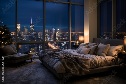 a lavishly decorated bedroom in a high-end penthouse suite. This image showcases plush bedding, deluxe furnishings, and a stunning urban skyline view visible through floor-to-ceiling windows