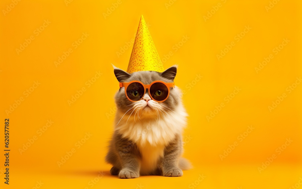 a cat wearing a party hat and sunglasses on an orange background, Isolated on colored yellow background, Funny Pet Celebrating