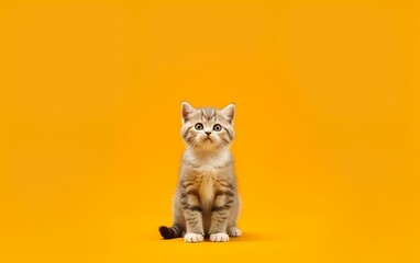 Orange background with little kitten sitting, cat Isolated on colored yellow background, copy space