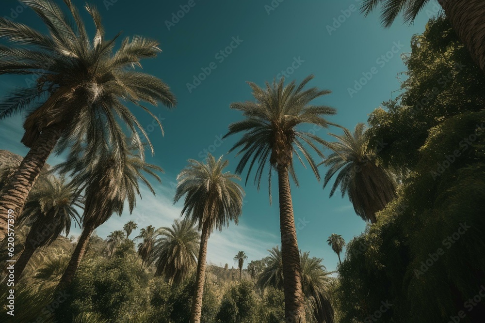 Blue sky and palm trees. Generative AI