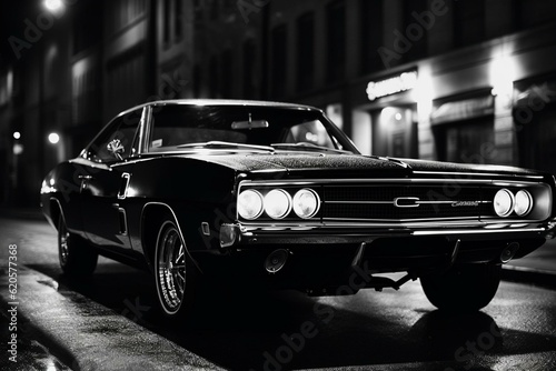 A black and white muscle car from the United States. Generative AI